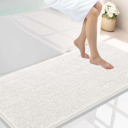 Smiry Luxury Chenille Bathroom Rugs 47x24, Extra Soft and Absorbent Shaggy Bath Mat, Machine Washable, Non-Slip Plush Carpet Runner for Tub, Shower, and Floor, Home Decor Accessories, Ivory