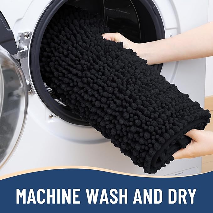 Arotive Luxury Chenille Bathroom Rug Mat, Extra Soft Thick Absorbent Shaggy Bath Rugs, Non-Slip Machine Wash Dry, Plush Bath Mats for Bathroom, Shower and Tub, 54x24, Black