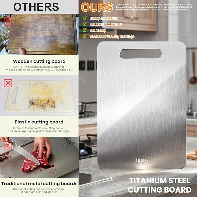 New Titanium Cutting Board - 100% Pure Titanium Cutting Boards For Kitchen,Easy to clean,Double-sided food-grade Titanium Cutting Board For Cutting Meats, Fruits And Vegetables(15 * 11)