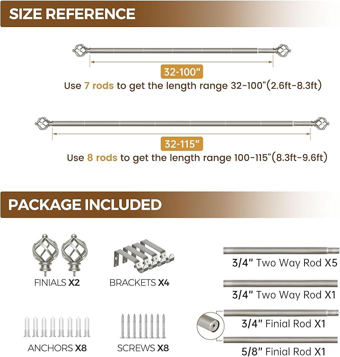 KAMANINA Curtain Rods for Windows 66 to 120 Inch, 3/4 Inch Antique Silver Curtain Rod 32 to 115 Inches (2.6-9.6ft) Splicing Adjustable Single Drapery Rod with Twisted Cage Finial