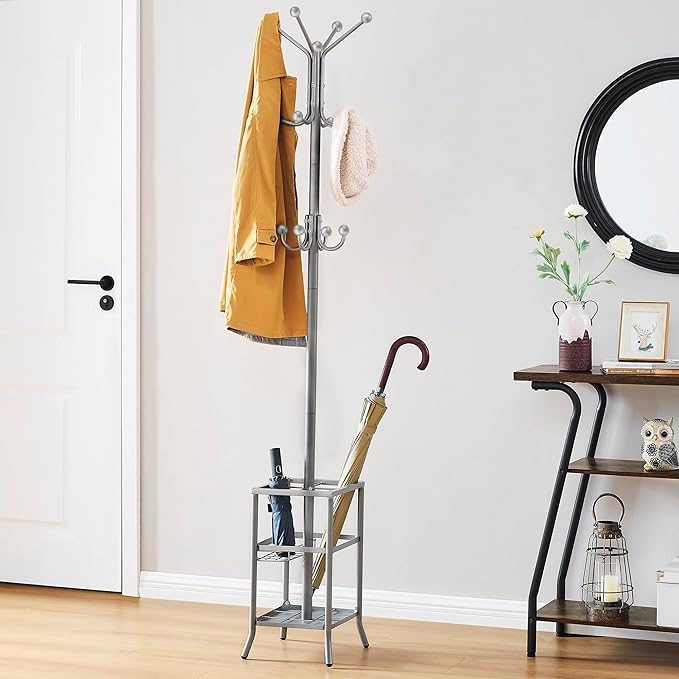 FAVOOSTY Coat Rack Freestanding,Coat Rack Stand with Umbrella Holder,Metal Coat Tree with 12 Hooks,Tree Clothes Hat for Entryway, Hallway, Bedroom, Living Room & Office - Silver Grey