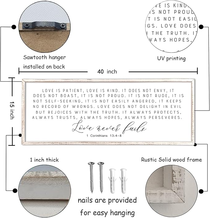 Love is Patient Kind Sign Wall Art 40"X15" 1 Corinthians 13 Bible Verse for Bedroom Above Over Bed Christianity Large Wood Framed Wall Hanging Decor (Wood）