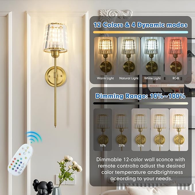 Crystal Battery Operated Wall Sconces, Gold RGB Rechargeable Wireless Wall Sconce with Remote for Wall Decor Bedroom Living Room 1 Bulbs Included