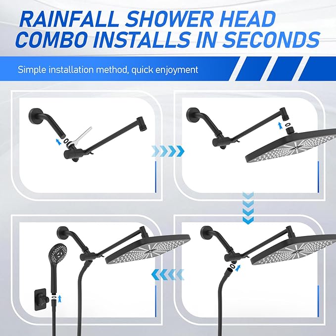 Wide Rain Shower Head With 5 Modes Handheld Showerheads, High Pressure Showerhead Combo with Extension Arm for Bathroom Accessories, Adjustable Shower Head with Anti-Clog Nozzles (Black)