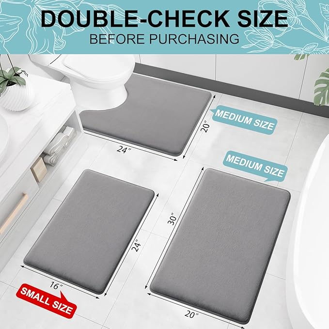 Smiry Memory Foam Bath Mat 59x34, Extra Soft and Absorbent Bathroom Mats, Non Slip Washable Carpet for Floor, Shower and Tub, Grey