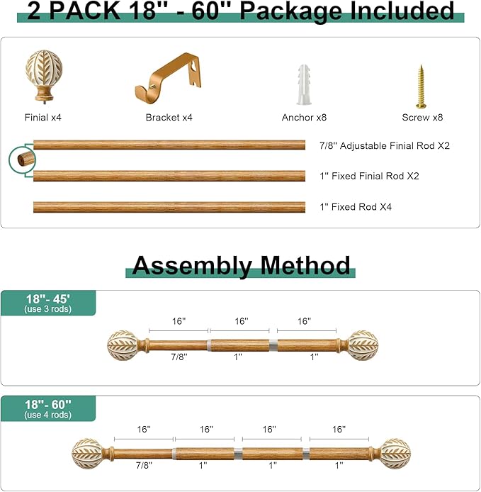 2 Pack Boho Wood Curtain Rods for Windows 28 to 48 inch,1" Adjustable Heavy Duty Window Curtain Rod with Imitation Wood Grain Finials,Rustic Decorative Drapery Rods Set 18-60'',Maple Wood