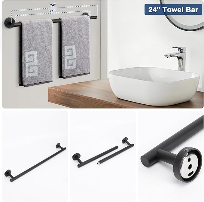 NearMoon 5 Pieces Bathroom Hardware Set SUS304 Thicken Stainless Steel-Towel Rack Kit Include 24" Towel Rod +Bath Towel Ring +Toilet Paper Holder +2 Robe Towel Hooks Bath Accessories (Matte Black)
