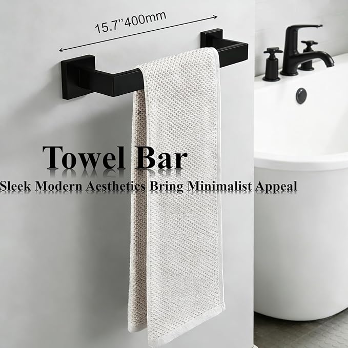 Bathroom Hardware Set 4 Piece Matte Black Bathroom Accessories Set SUS304 Towel Bar Set Includes Towel Bar 16 Inch+Towel Holder+Toilet Paper Holder+Towel Hook (4, Matte Black)