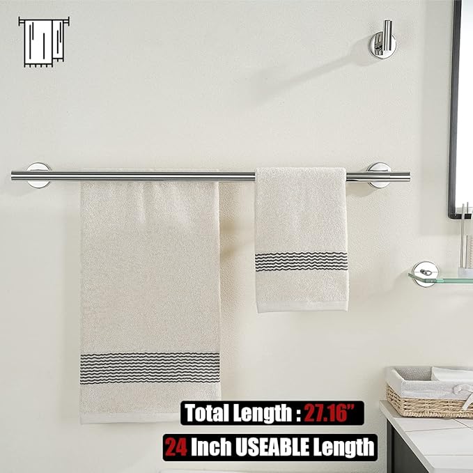 JQK Chrome Towel Bar, 27 Inch 304 Stainless Steel Thicken 0.8mm Double Bath Towel Rack for Bathroom, Towel Holder Polished Chrome Wall Mount, Useable Length 24 Inch 2 Pack, TB100L24-CH-P2