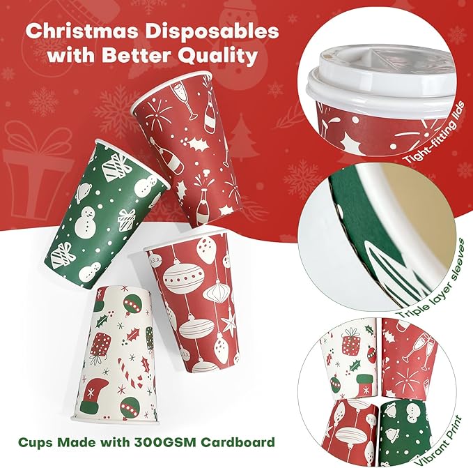 Christmas To Go Coffee Cups with Lids 16 oz Insulated Cups, 100 Packs Hot Cup for Chocolate/Coffee/Tea/Water/Juice, Coffee Bar Accessories with Lid & Sleeve, Christmas Cups Disposable Supplies