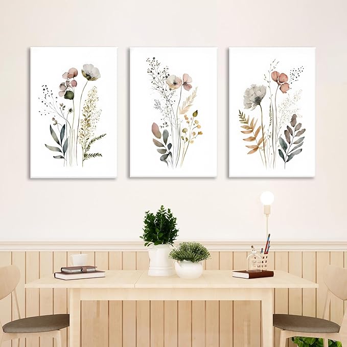 3Pcs Framed 12x16in Boho Flower Wall Art Wildflower Watercolor Canvas Minimalist Colorful Botanical Floral Painting Picture Wall Decor Posters Modern Print Artwork for Living Room Bedroom