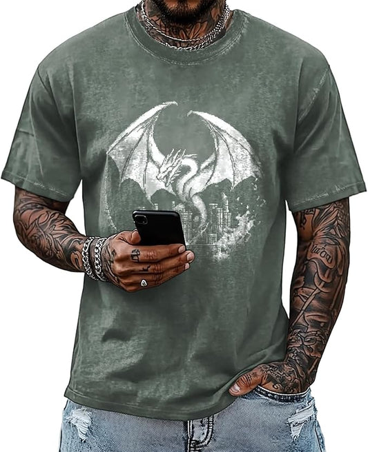 Mens Dragon Grpahic T-Shirts Short Sleeve 100% Cotton Crewneck Big and Tall Outdoor Summer Quick Dry Undershirts