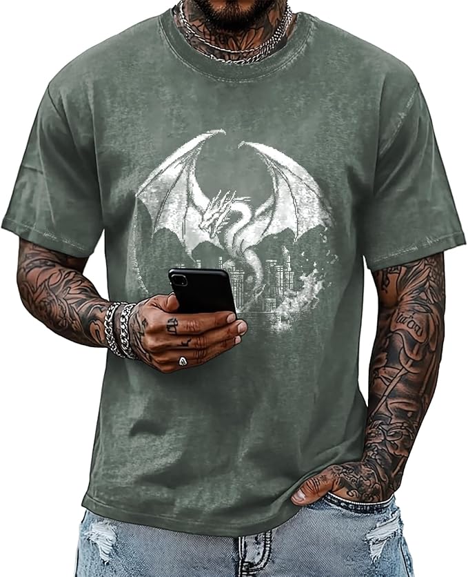 Mens Dragon Grpahic T-Shirts Short Sleeve 100% Cotton Crewneck Big and Tall Outdoor Summer Quick Dry Undershirts