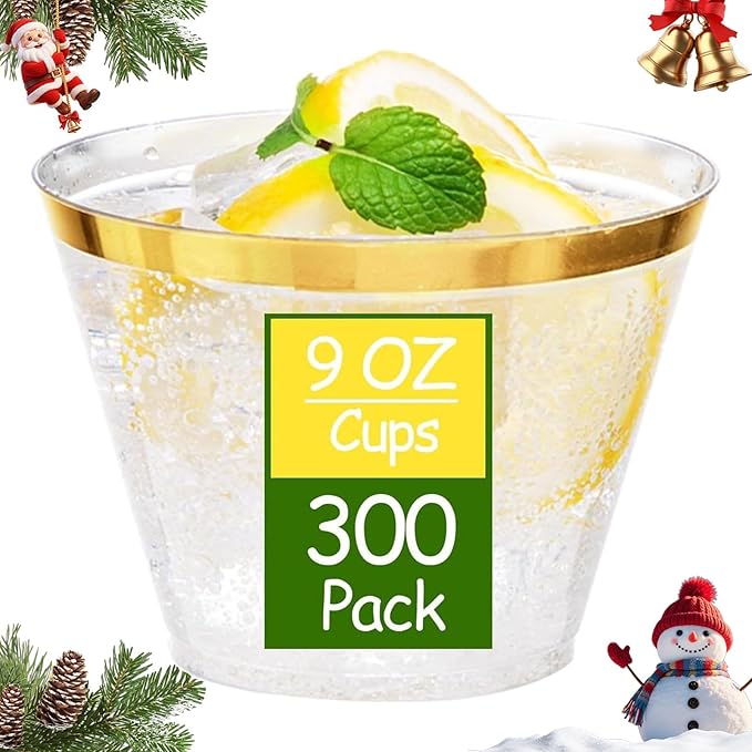 Ciaell 300PCS Gold Plastic Cups - 9Oz Heavy Duty Plastic Cups - Gold Rimmed Disposable Cup - Disposable Clear Wine Cup with Gold Rim for Party & Wedding & Christmas & New Year