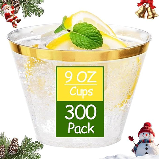 Ciaell 300PCS Gold Plastic Cups - 9Oz Heavy Duty Plastic Cups - Gold Rimmed Disposable Cup - Disposable Clear Wine Cup with Gold Rim for Party & Wedding & Christmas & New Year