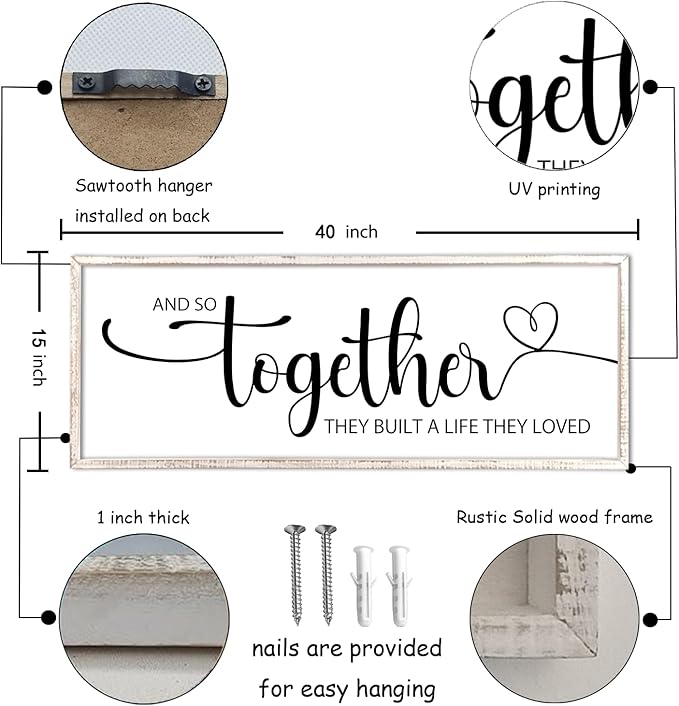 And So Together They Built A Life They Loved Sign Wall Decor 40"X15" Bedroom Above Over Bed Large Wood Framed Love Quotes for Couple Wall Hanging Art (White)
