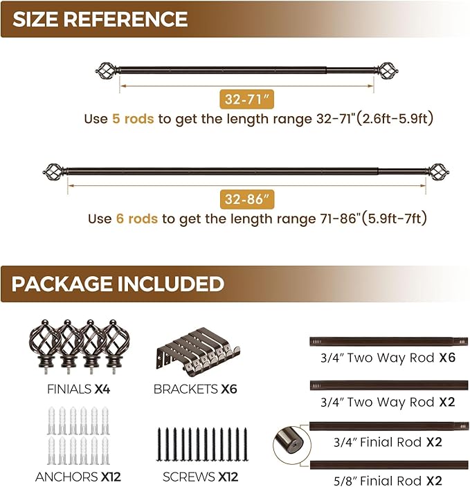 KAMANINA 2 Pack Curtain Rods 32 to 86 Inches (2.6-7.1ft), 3/4 Inch Curtain Rods for Windows Splicing Adjustable Single Drapery Rod with Twisted Cage Finial, for Indoor and Outdoor, Bronze