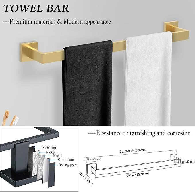 BOZWELL 4 Pieces Light Brushed Gold Stainless Steel Towel Bar Set, 23.6 inch Square Bathroom Hardware Accessories Set,Wall Mounted Towel Racks for Bathroom