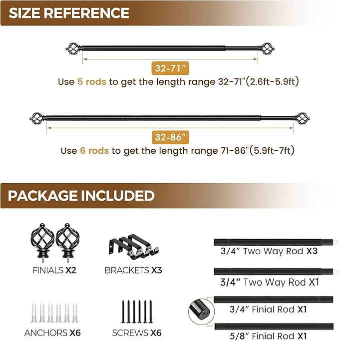 KAMANINA Black Curtain Rods for Windows 48 to 84 Inch, Adjustable Single Curtain Rod 32 to 86 Inch(2.6-7.1ft), 3/4 Inch Splicing Drapery Rods with Twisted Cage Finial