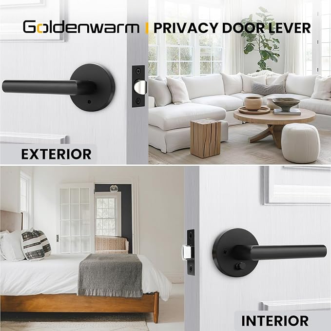 Goldenwarm Black Door Handles Interior, Privacy Matte Black Interior Door Handles, Heavy Duty Zinc Alloy Black Door Lever for Bedroom and Bathroom (1 Pack)