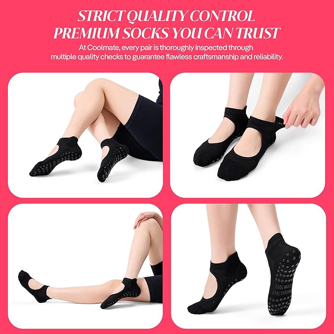 CoolMate Pilates Socks with Grips for Women, Yoga Socks, Crew Non Slip Women for Barre, Pilates Gifts