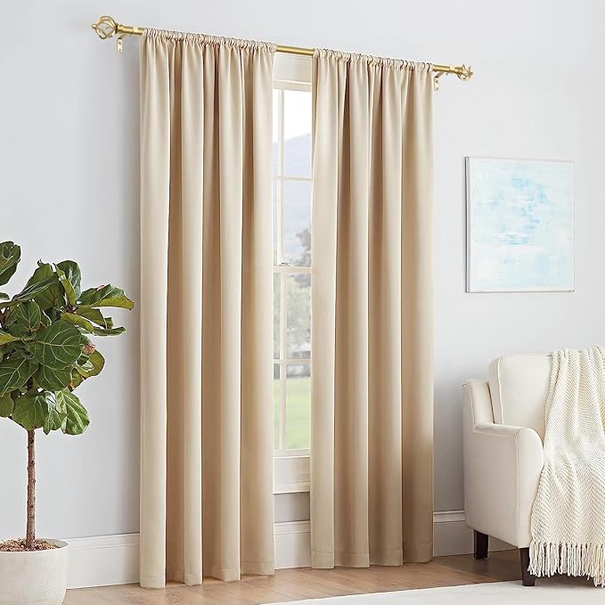 KAMANINA Gold Curtain Rods for Windows 48 to 84 Inch, Adjustable Single Curtain Rod 32 to 86 Inch(2.6-7.1ft), 3/4 Inch Splicing Drapery Rods with Twisted Cage Finial