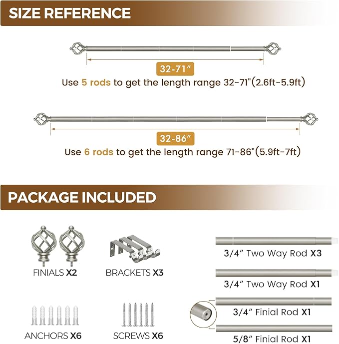 KAMANINA Silver Curtain Rods for Windows 48 to 84 Inch, Adjustable Single Curtain Rod 32 to 86 Inch(2.6-7.1ft), 3/4 Inch Splicing Drapery Rods with Twisted Cage Finial