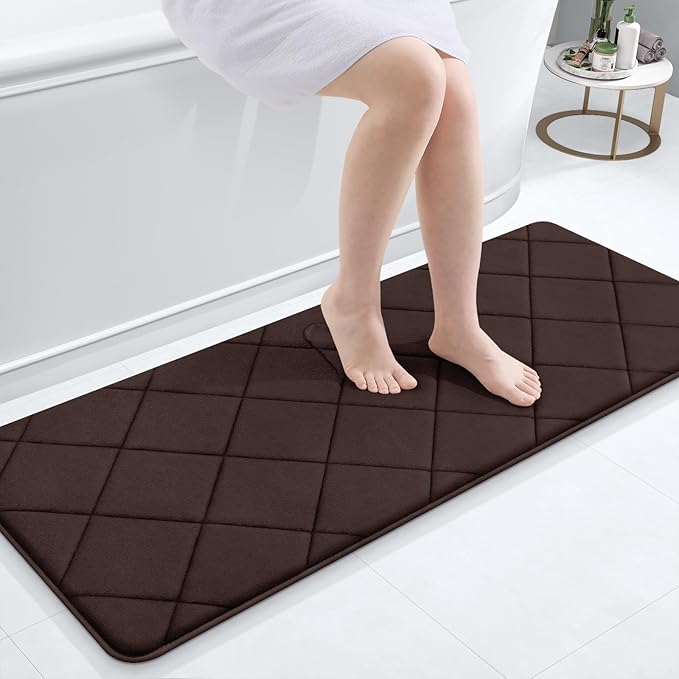 OLANLY Memory Foam Bath Mat 47x20, Ultra Soft and Absorbent Bathroom Rugs, Machine Washable, Comfortable Bath Carpet for Bathroom Floor, Tub and Shower, Brown