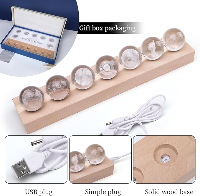 7 Pcs Planet Crystal Ball Night Light Lamp with LED Wooden Base, 3D Galaxy Moon Saturn Crystal Ball Nightlight for Meditation Positive Energy Decoration for Home for Birthday Christmas Gifts