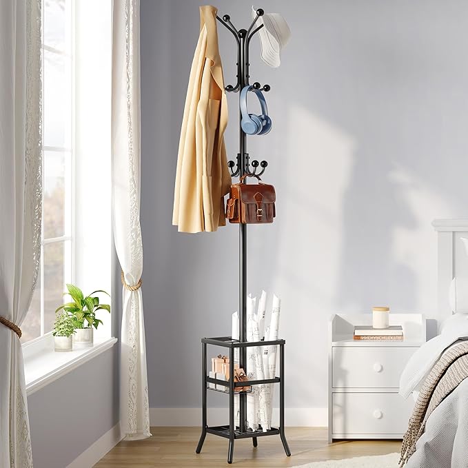 FAVOOSTY Coat Rack Freestanding,Coat Rack Stand with Umbrella Holder,Metal Coat Tree with 12 Hooks,Tree Clothes Hat for Entryway, Hallway, Bedroom, Living Room & Office -Black