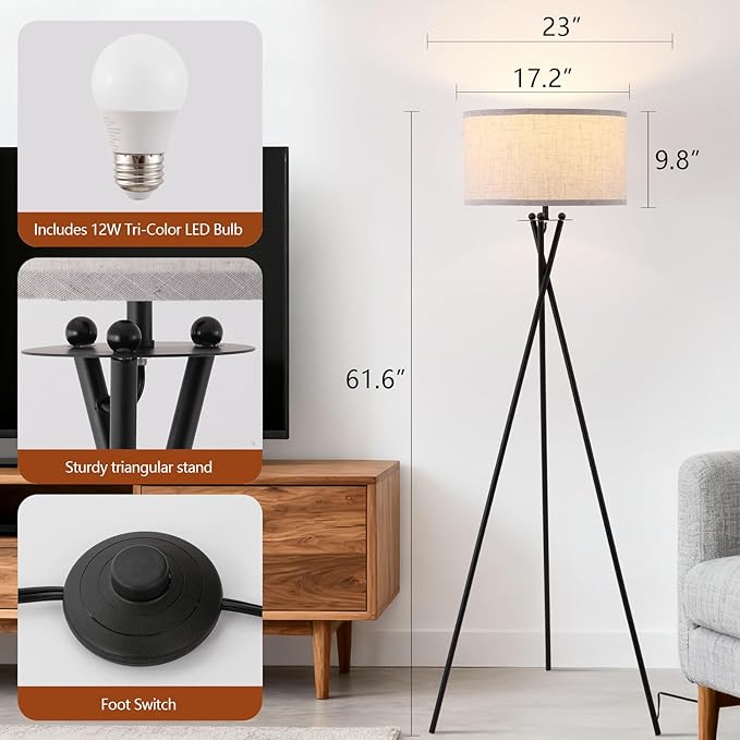 Modern Tripod Floor Lamp, Mid Century Reading Standing Lamp with 3 Color Temperatures and Foot Switch, Modern Night Light for Living Room, Bedroom, Office Décor, Black