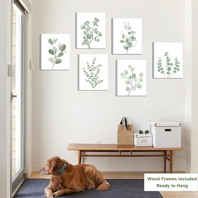 FRAMED Botanical Plant Canvas Wall Art, Boho Plant Wall Decor Minimalist Floral Wall Decor Light Green Botanical Wall Art for Bedroom Living Room Bathroom Office (Set of 6, 8x10 inch, Framed)