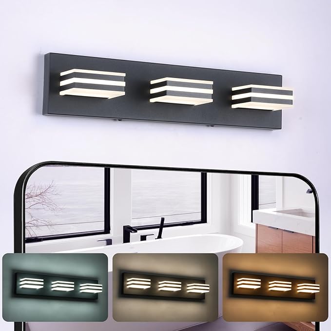 Black Vanity Lights for Bathroom Light Fixtures (3-Light, 20-Inch) Adjust 3 Colors Modern Bath Lighing Fixture Over Mirror LED Vanity Lighting