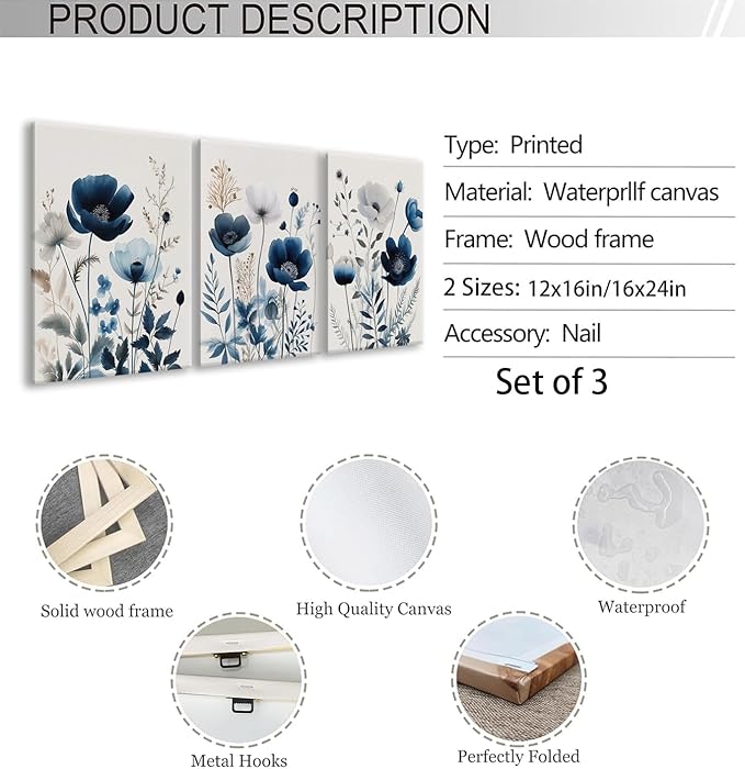 BingruiArt Navy Blue Canvas Wall Art Blue and Gray Boho Flower Wall Decor Floral Watercolor Art Prints Pictures Painting for Living Room Bedroom Bathroom 3Pcs 12x16in Framed