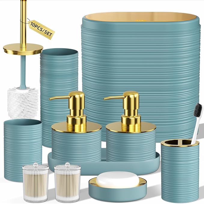 Bathroom Set, 10PC Bathroom Accessory Set, Light Blue Bathroom Accessories, Blue and Gold Bathroom Set with Trash Can, Soap Dispensers