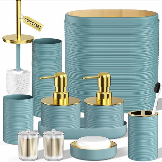 Bathroom Set, 10PC Bathroom Accessory Set, Light Blue Bathroom Accessories, Blue and Gold Bathroom Set with Trash Can, Soap Dispensers