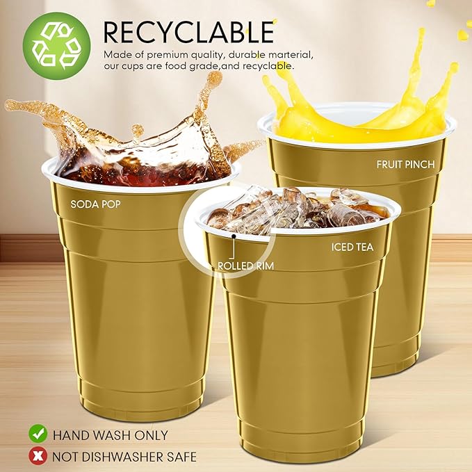 Mimorou Gold 200 Pack 16 oz Disposable Plastic Cups Bulk, Party Plastic Cups for Parties Stackable Beverage Drinking Tumbler Heavy Duty for Events Picnics and BBQ Wedding Birthday Baby Shower