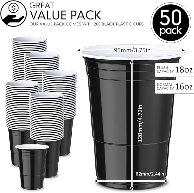 Mimorou Black 200 Pack 16 oz Disposable Plastic Cups Bulk, Party Plastic Cups for Parties Stackable Beverage Drinking Tumbler Heavy Duty for Events Picnics and BBQ Wedding Birthday Baby Shower