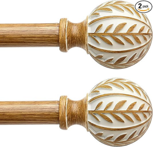 2 Pack Boho Wood Curtain Rods for Windows 28 to 48 inch,1" Adjustable Heavy Duty Window Curtain Rod with Imitation Wood Grain Finials,Rustic Decorative Drapery Rods Set 18-60'',Maple Wood