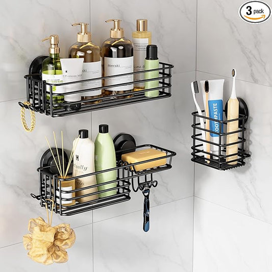 LEVERLOC Shower Caddy Suction Cup, 3 Pack Heavy Duty Bathroom Organizer for Inside Shower with Hooks & Soap holder, Removable Bathroom Holder, Rustproof Black Storage
