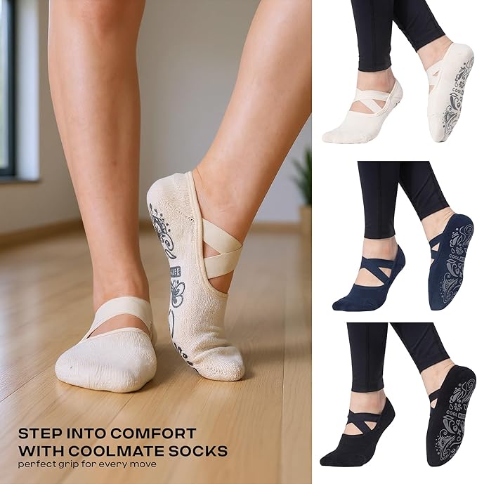 CoolMate Pilates Socks with Grips for Women, Yoga Socks, Crew Non Slip Women for Barre, Pilates Gifts