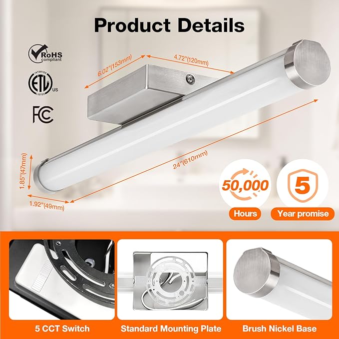 LEDVANCE Sylvania 24" Modern Vanity Lights for Bathroom, 22W, 5 Temperature Select (2700K/3000K/3500K/4000K/6000K), Dimmable, Round Shape, Brush Nickel, with Accessories - 1 Pack (66560)