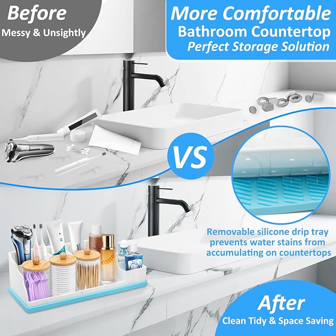 Bathroom Counter Organizer, Large Silicone Toothbrush Holders for Bathrooms with 3PCS Qtip Holder, Detachable Bathroom Organizer Countertop Toothbrush and Toothpaste Holder Makeup Organizer for Vanity