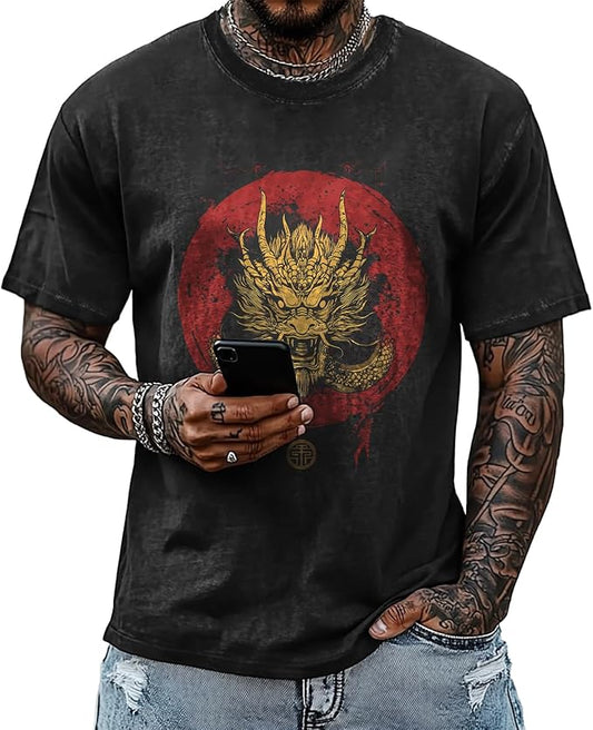 Mens Dragon Grpahic T-Shirts Short Sleeve 100% Cotton Crewneck Big and Tall Outdoor Summer Quick Dry Undershirts