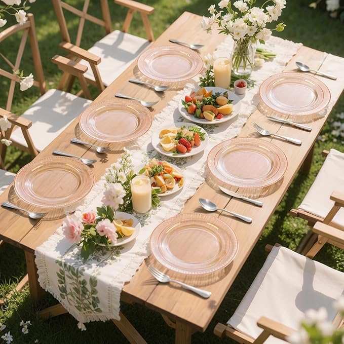 GATHER 350PCS Rose Gold Plastic Plates - Disposable Rose Gold Dinnerware Includes 100 Clear Rose Golds Rimmed Plastic Plates, 150 Silverware, 50 Napkins, 50 Cups for Party, Wedding