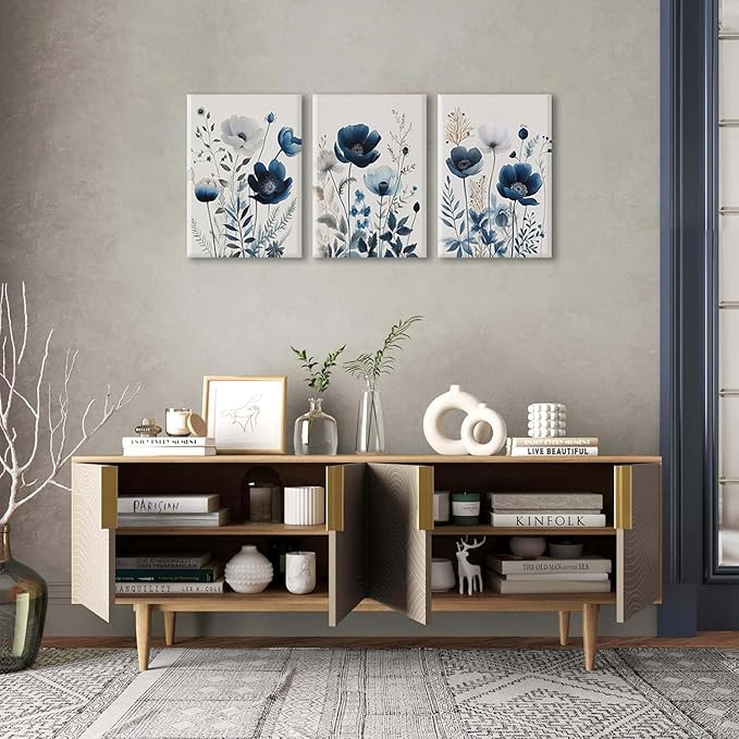 BingruiArt Navy Blue Canvas Wall Art Blue and Gray Boho Flower Wall Decor Floral Watercolor Art Prints Pictures Painting for Living Room Bedroom Bathroom 3Pcs 12x16in Framed