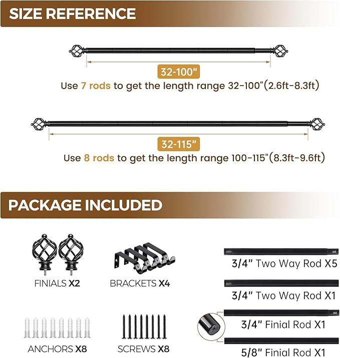 KAMANINA Curtain Rods for Windows 66 to 120 Inch, 3/4 Inch Black Curtain Rod 32 to 115 Inches (2.6-9.6ft) Splicing Adjustable Single Drapery Rod with Twisted Cage Finial