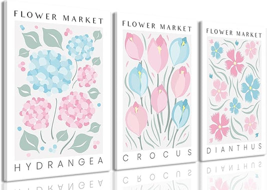 BingruiArt Flower Market Wall Art Pink and Blue Canvas Boho Floral Wall Decor Botanical College Coquette Girly Preppy Posters Prints Pictures for Apartment Batroom Bedroom Dorm Room 3Pcs 12"x16" Framed