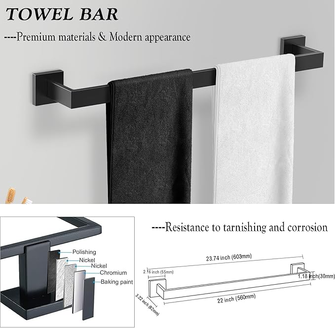 BOZWELL 5 Pieces Matte Black Bathroom Hardware Accessories Set Square Towel Racks for Bathroom 23.6 inch Stainless Steel Towel Bar Set Wall Mounted
