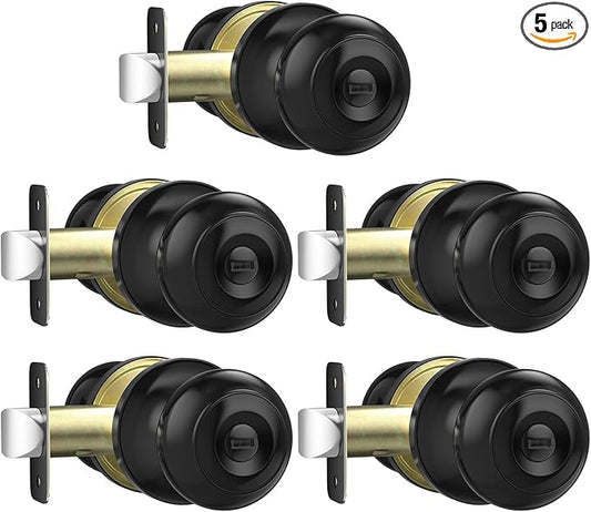 Black Door Knobs Interior Keyless Knob, Privacy Door Knob with Lock, 5 Pack Door Locks for Bedrooms Bathroom, Reversible for Left/Right Door Handle